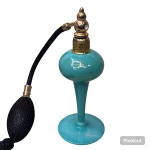 Vintage DeVilbiss Perfume Turquoise Glass Atomizer Black Tassel & Gold Accents